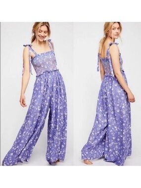 We The Free Lavender Floral Smocked Tie-Strap Wide-Leg Jumpsuit